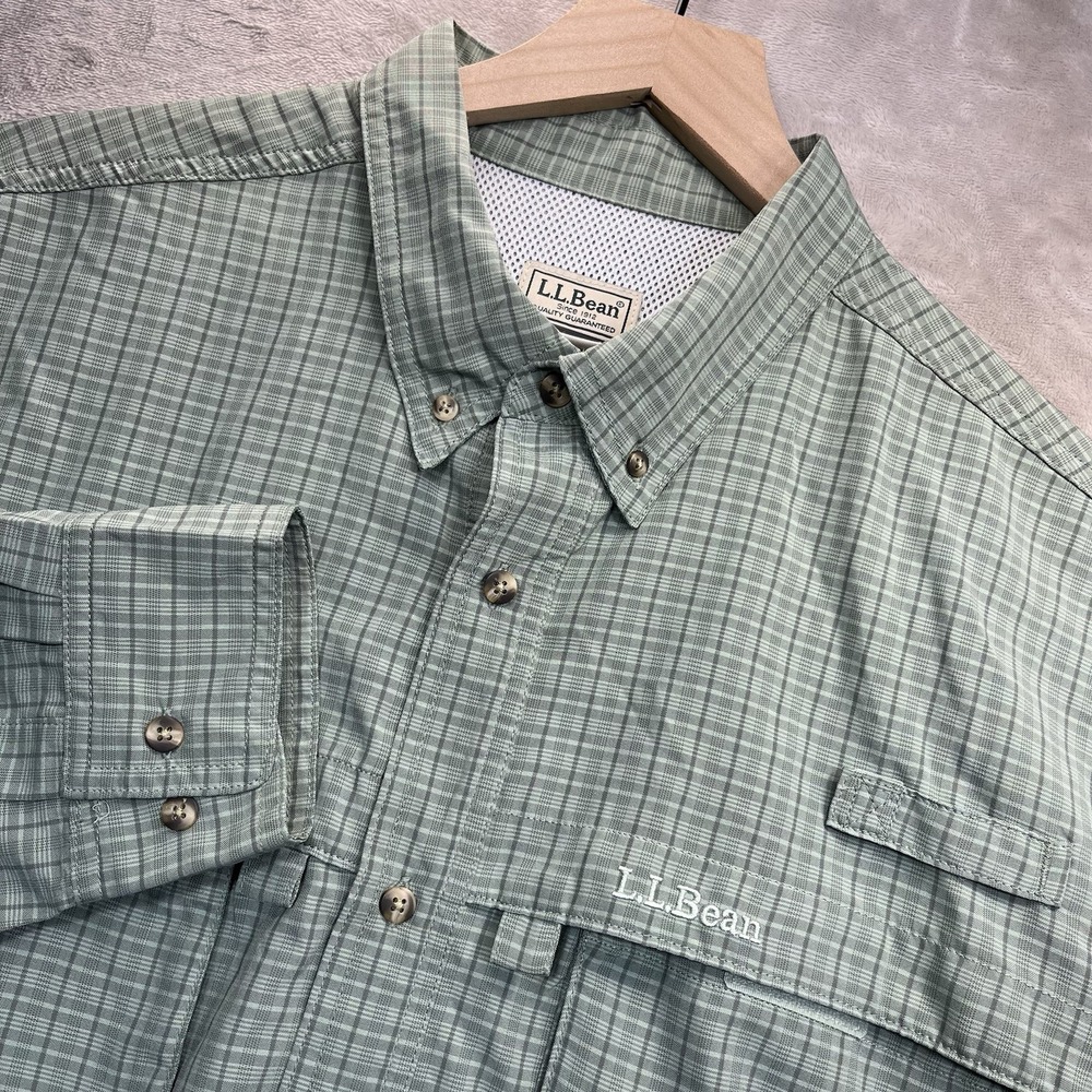 LL Bean Shirt Men size XL Tall Green Long‎ Sleeve Roll Tab Fishing vented